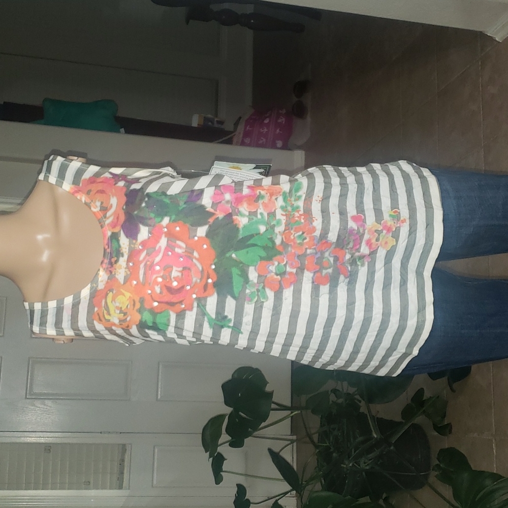 NWT Jet Set L green stripes tank artsy embellished floral display lace back